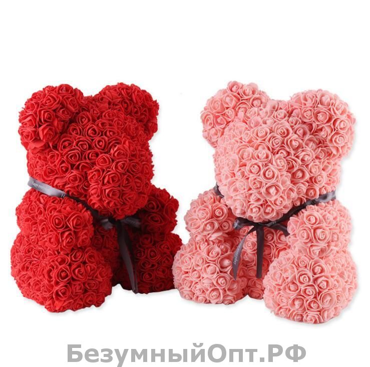 Мишка из 3D роз с бантом 40см с коробкой оптом